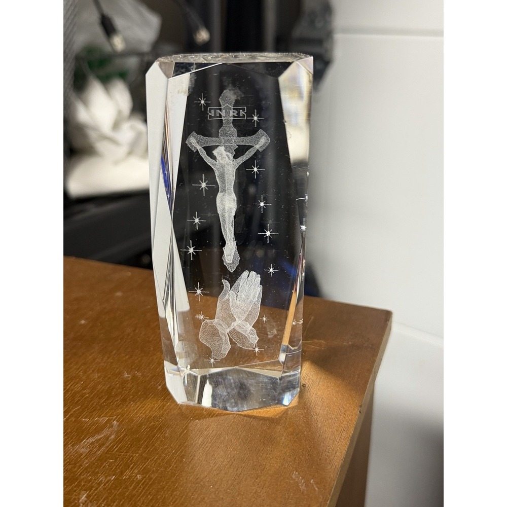 Crystal Jesus Statue w Cross Paperweight Free Standing
